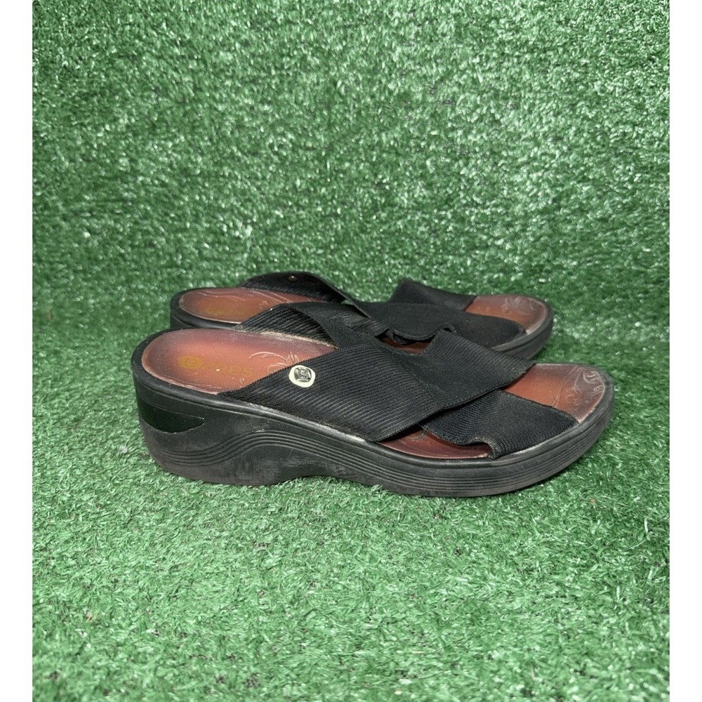 BZees Desire Slide Womens‎ Size 6.5 M Black Strappy Mesh Slip On Comfort Sandals